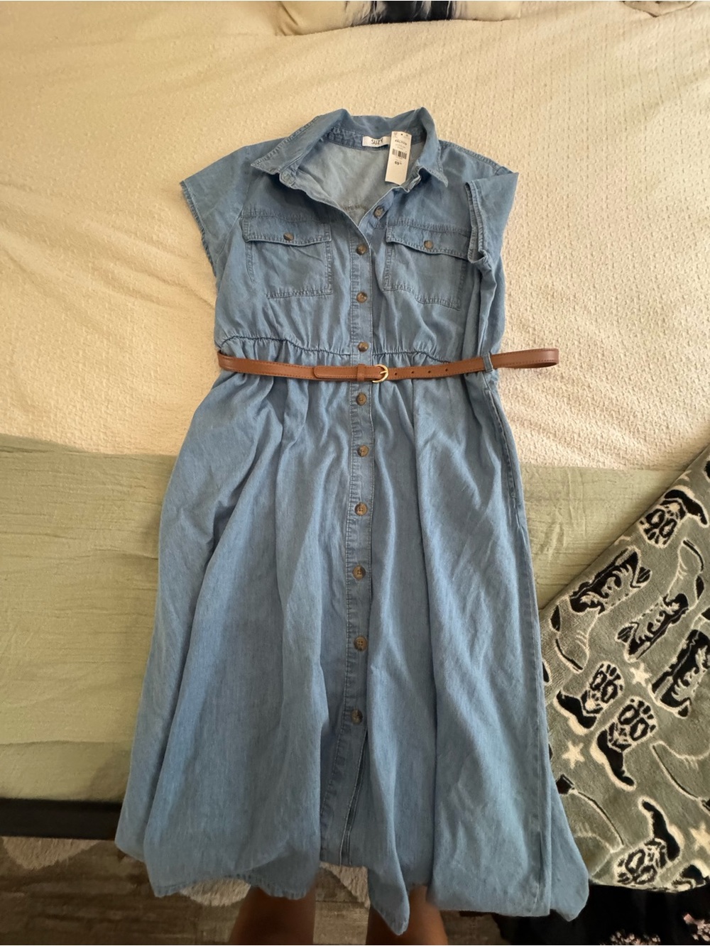Suzy Shier Light Blue Denim Maxi Shirt Dress with Brown Belt